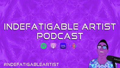 YouTube Thumbnail with white text in the middle that says Indefatigable Artist Podcast with an illustration of the host, Bleace against a purple background kaleidoscopic image and the hashtag Indefatigable Artist in white text on the lower left. 