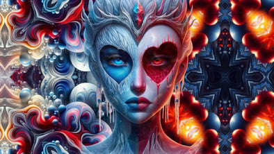 Fantasy art of a dual-faced queen with one side depicting cool, blue tones and an ice theme, and the other side showcasing warm, red hues with a fiery motif, surrounded by a symmetrical fractal design