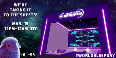 Promotional image for World Sleep Day 2024 event featuring a cozy virtual setting with a sheep, neon purple lights, and a captivating swirl pattern backdrop