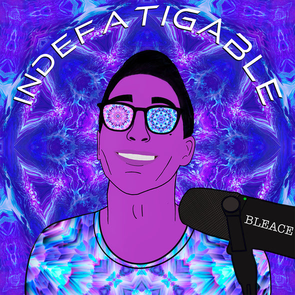 Indefatigable Artist Podcast Cover Image, a cartoon illustration of the host, Bleace, made in Adobe Illustrator, white text that stretches across the top that says ‘indefatigable’ and text on the black microphone in the lower right of the image that says, ‘Bleace.’
