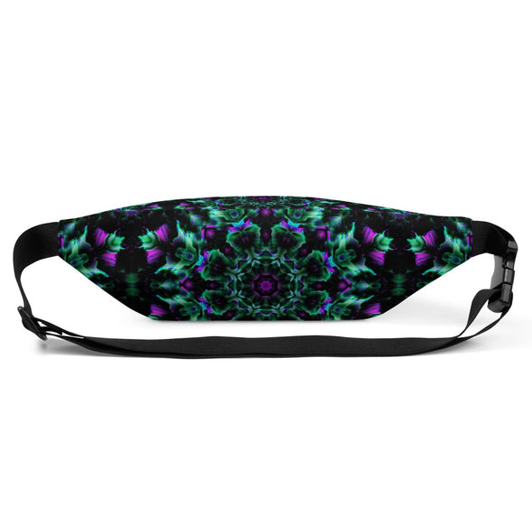 Product Photograph of a Bleace MetaParty Vibes Kaleidoscopic green and pink fanny pack in the foreground with a white background.