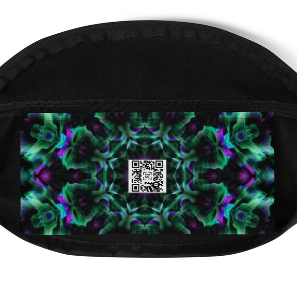 Product Photograph of a Bleace MetaParty Vibes Kaleidoscopic green and pink fanny pack in the foreground with a white background.