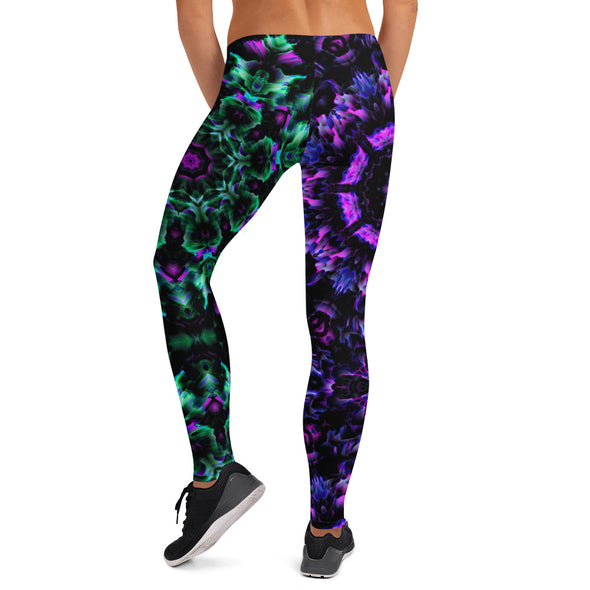 Product Photograph of a unisex Bleace MetaParty Vibes Kaleidoscopic purple, blue, pink, and green Trippy Visual leggings in the foreground with a white background.