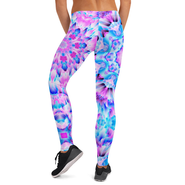 Photograph of a model wearing Bleace unisex MetaParty Vibes Kaleidoscopic pink, light blue, Trippy Visual leggings.  