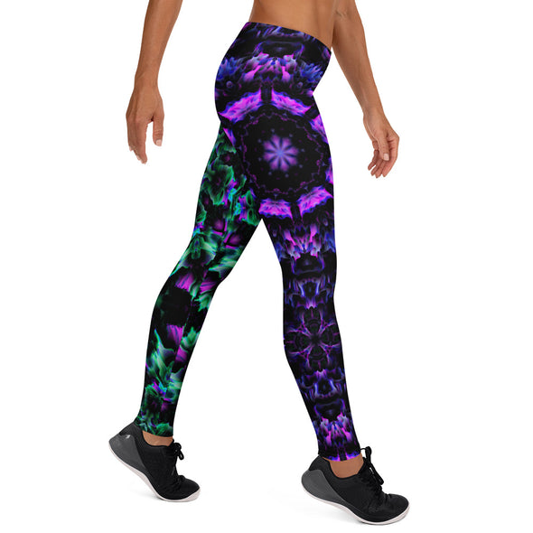 Product Photograph of a unisex Bleace MetaParty Vibes Kaleidoscopic purple, blue, pink, and green Trippy Visual leggings in the foreground with a white background.