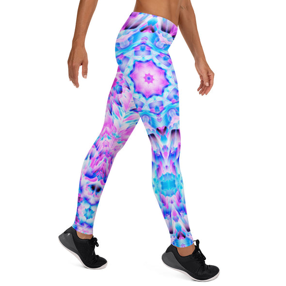 Photograph of a model wearing Bleace unisex MetaParty Vibes Kaleidoscopic pink, light blue, Trippy Visual leggings.  