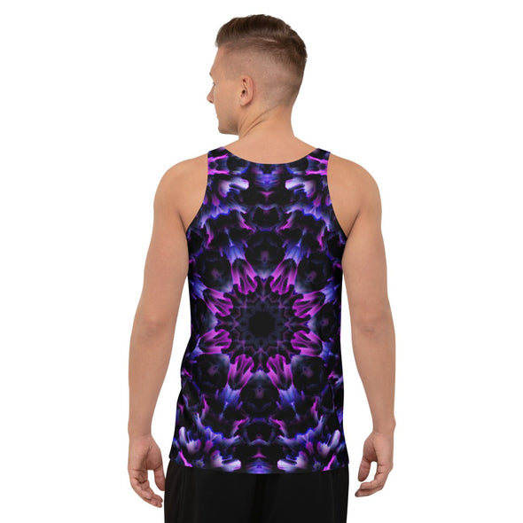 Photograph of a model wearing Bleace unisex MetaParty Vibes Kaleidoscopic purple, blue, and pink, Trippy Visual tank top in the foreground with a white background.  