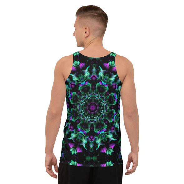 Product Photograph of a Bleace unisex MetaParty Vibes Kaleidoscopic green and pink tank top in the foreground with a white background. 
