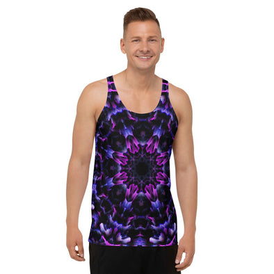 Photograph of a model wearing Bleace unisex MetaParty Vibes Kaleidoscopic purple, blue, and pink, Trippy Visual tank top in the foreground with a white background.  