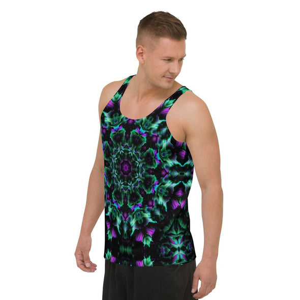 Product Photograph of a Bleace unisex MetaParty Vibes Kaleidoscopic green and pink tank top in the foreground with a white background. 