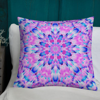 Product Photograph of a Bleace MetaParty Vibes Kaleidoscopic blue, pink and white Trippy Visual pillow in the foreground with a white background.