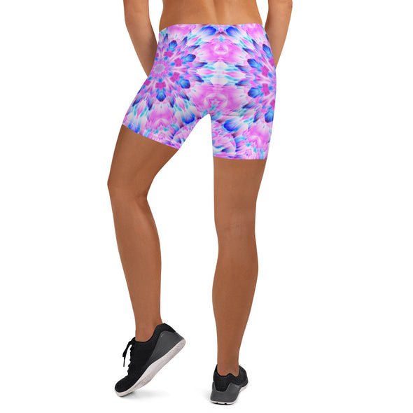 Product Photograph of a unisex Bleace MetaParty Vibes Kaleidoscopic blue, pink and white Trippy Visual short leggings in the foreground with a white background.