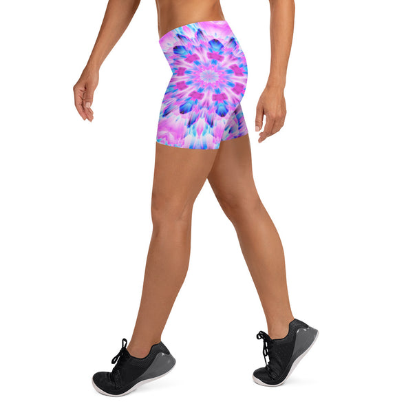 Product Photograph of a unisex Bleace MetaParty Vibes Kaleidoscopic blue, pink and white Trippy Visual short leggings in the foreground with a white background.