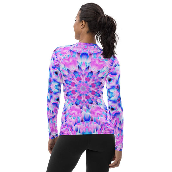 Product Photograph of a unisex Bleace MetaParty Vibes Kaleidoscopic blue, pink and white Trippy Visual yoga rash guard in the foreground with a white background.