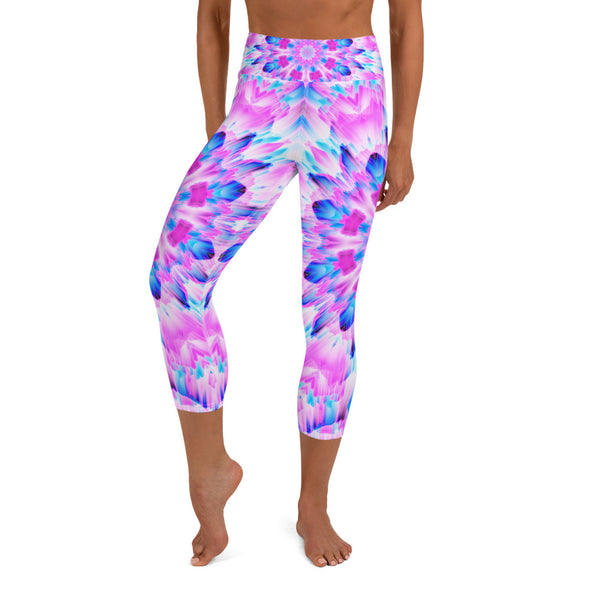 Product Photograph of a unisex Bleace MetaParty Vibes Kaleidoscopic blue, pink and white Trippy Visual yoga capri leggings in the foreground with a white background.