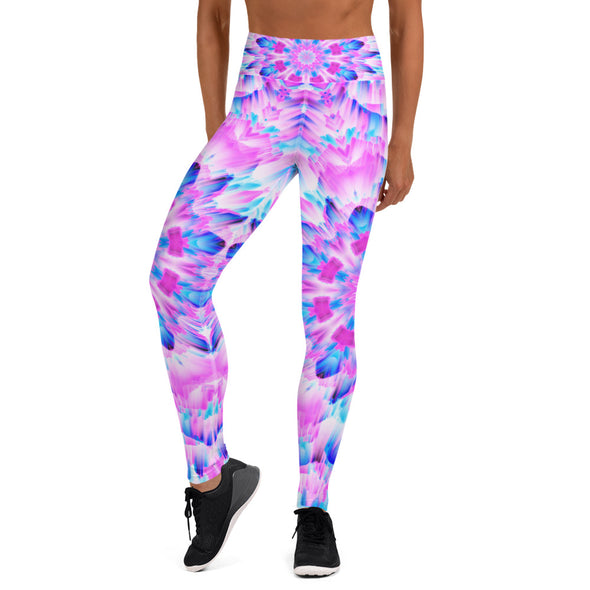 Product Photograph of a unisex Bleace MetaParty Vibes Kaleidoscopic blue, pink and white Trippy Visual yoga leggings in the foreground with a white background.