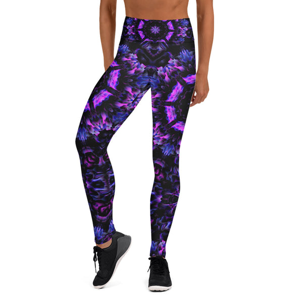 Photograph of a model wearing Bleace unisex MetaParty Vibes Kaleidoscopic purple, blue, and pink, Trippy Visual yoga leggings.  