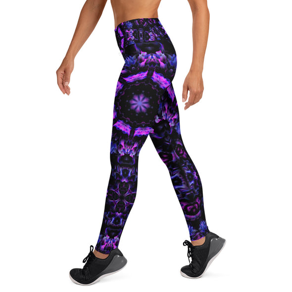 Photograph of a model wearing Bleace unisex MetaParty Vibes Kaleidoscopic purple, blue, and pink, Trippy Visual yoga leggings.  