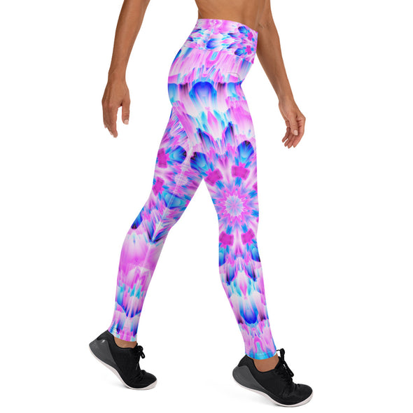 Product Photograph of a unisex Bleace MetaParty Vibes Kaleidoscopic blue, pink and white Trippy Visual yoga leggings in the foreground with a white background.