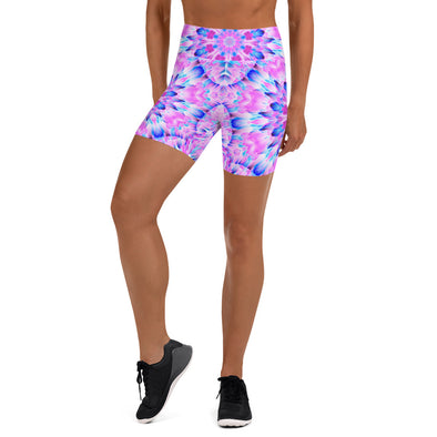 Product Photograph of a unisex Bleace MetaParty Vibes Kaleidoscopic blue, pink and white Trippy Visual leggings in the foreground with a white background.