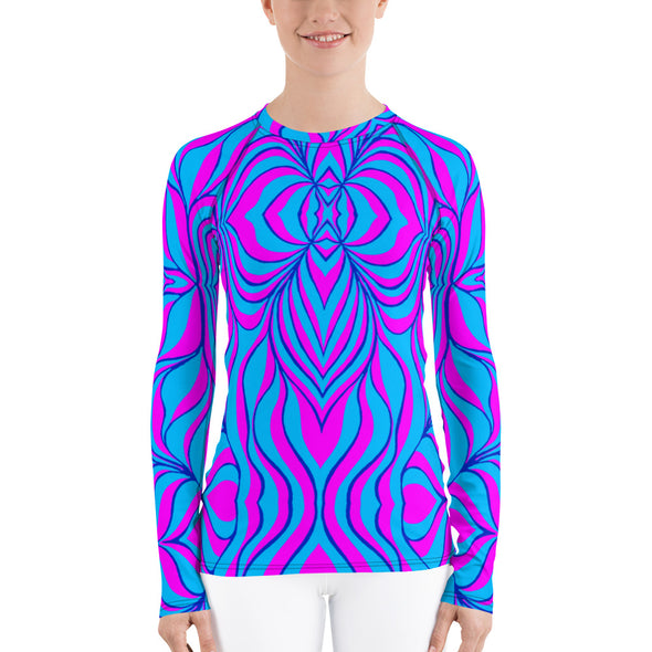 Product Photograph of a model wearing a Bleace blue and pink yoga leggings and rash guard in the foreground with a white background.